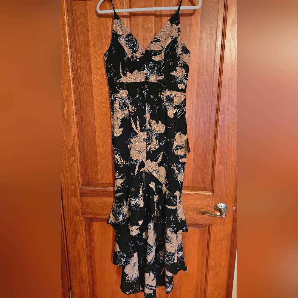 Lulu's Black Floral High-Low Dress with Beige Print